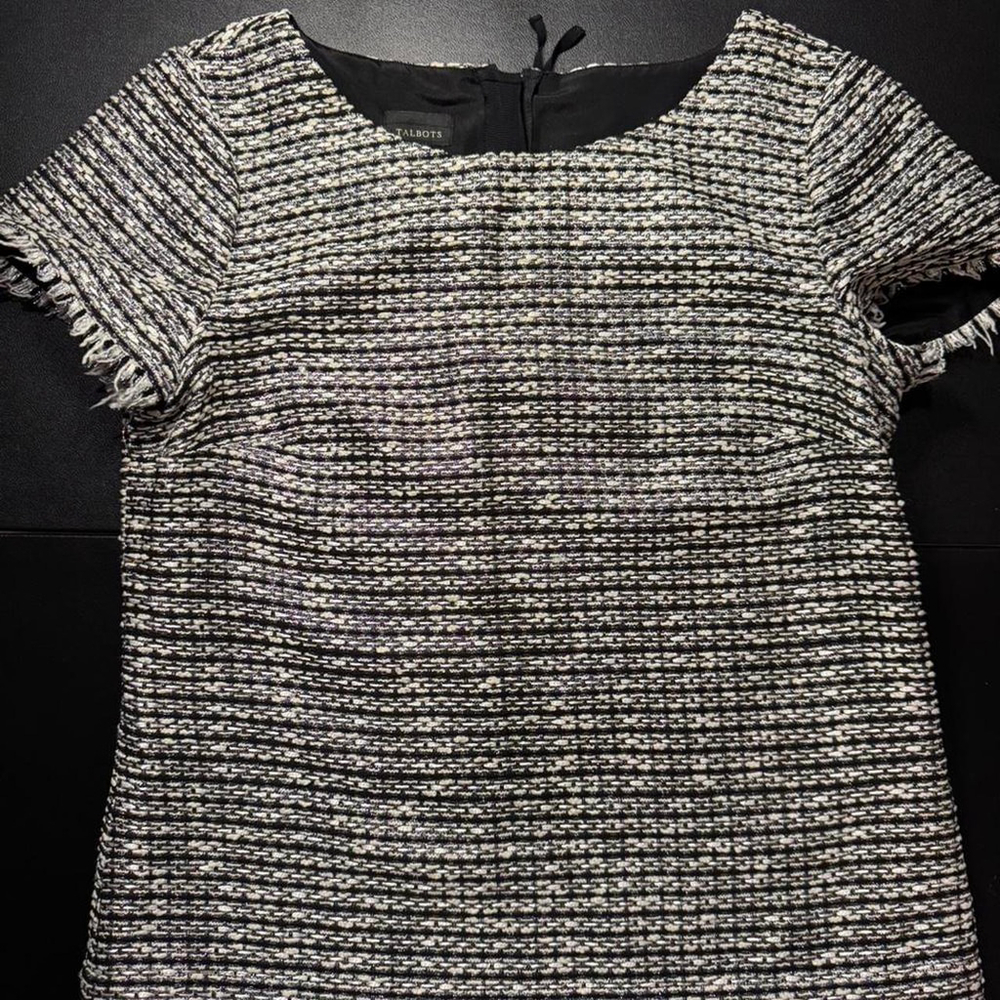 Talbots black and white tweed top with fringe trim